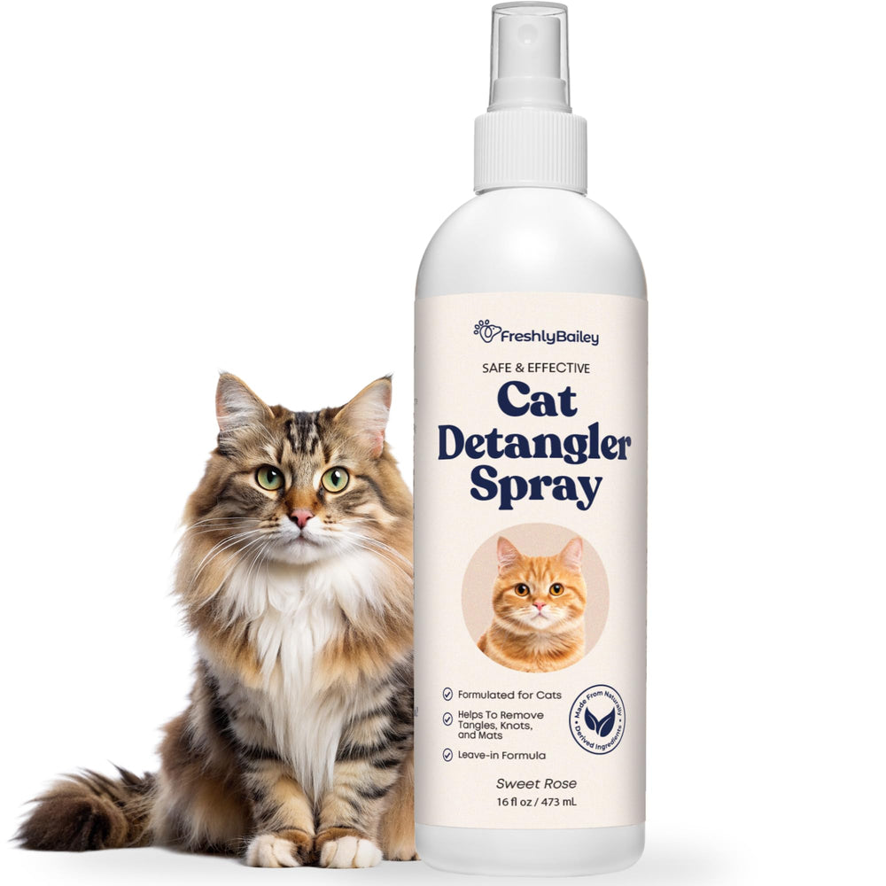 Freshly Bailey cat detangler spray bottle facilitates easy grooming and detangling.