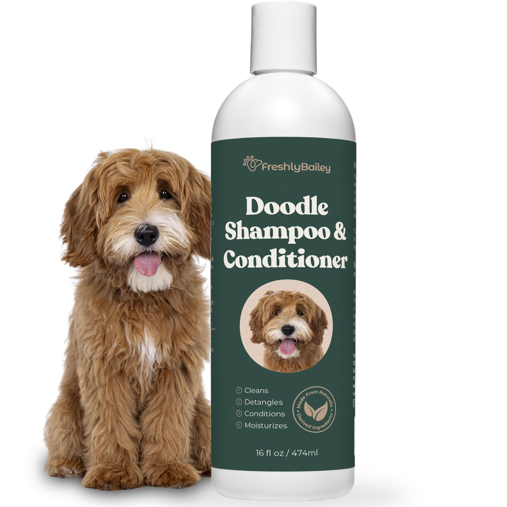 Freshly Bailey Doodle Shampoo bottle shows rich lather for curly doodle coats.