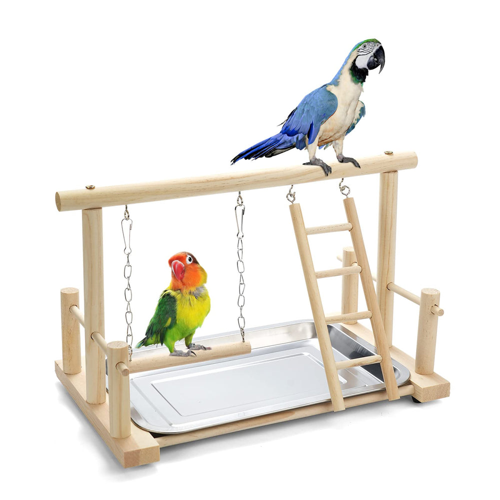 FrgKbTm natural wood bird playground setup encourages exercise and interactive play.