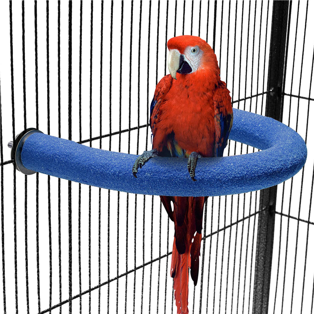 FrgKbTm U-shaped parrot perch blue in a space-saving cage setup for playful enrichment.
