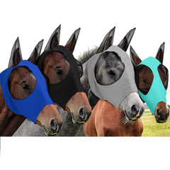 Frienda black horse fly mask with full-face coverage for insect protection during riding