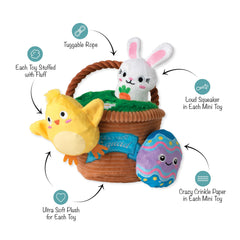 Fringe Egg Hunt mini egg toy provides loud squeak and crinkle for excitement.