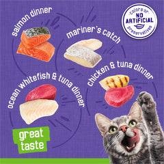 Friskies adult-cat nutrition, 100-percent balanced feeding.