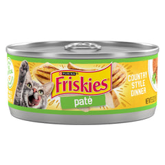 Purina Friskies Country Style Dinner pate in cans with chicken flavor for adult cats.