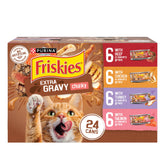 Friskies Extra Gravy chunky can front view, showcasing savory chunks for palatable meals.