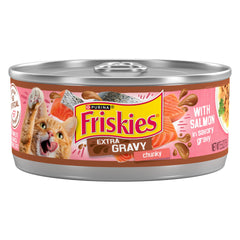 Friskies Extra Gravy wet cat food with salmon chunks in creamy gravy for adult cats