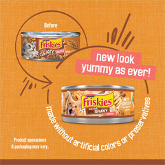 Purina Friskies Extra Gravy tender chunks in moist texture close-up.