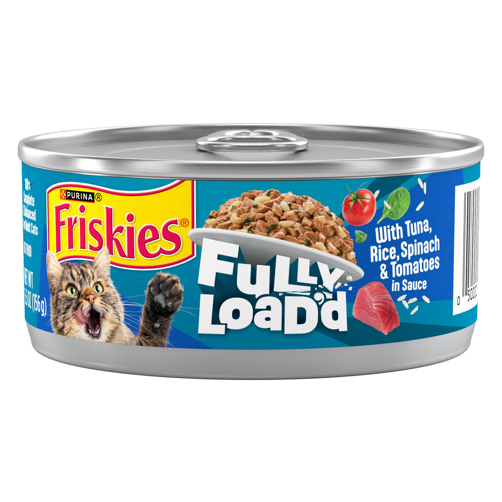 Friskies Fully Loadd tuna-rice-spinach-tomatoes in sauce with chunky morsels for meals.