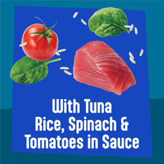 Friskies Fully Loadd tuna-rice-spinach-tomatoes in sauce bowl with gravy entices cats.