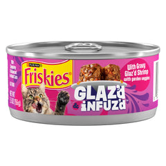 Friskies Glazd Infuzd shrimp bowl showing chunky morsels in rich gravy glaze for cats