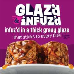 Friskies Glazd Infuzd morsels close-up highlighting coating that clings to bites