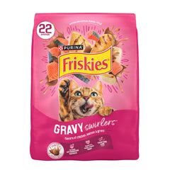 Friskies Gravy Swirlers bag-front label shows flavor and nutrition for everyday meals