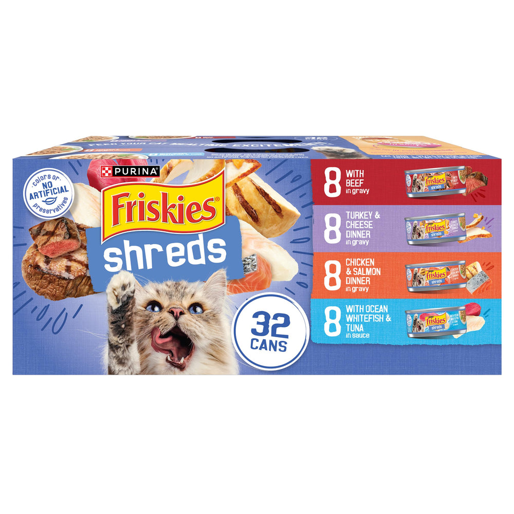 Friskies gravy wet cat food variety pack with 32 cans on shelf, convenient pantry staple.