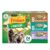 Friskies Indoor Cat Food 24ct pack, front view, variety and convenience for mealtime.