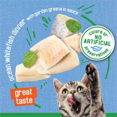 Friskies moist flakes in dish highlight easy-chew texture