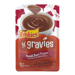 Friskies Lil' Gravies roast beef pouch adds flavorful gravy topping to dry cat meals.