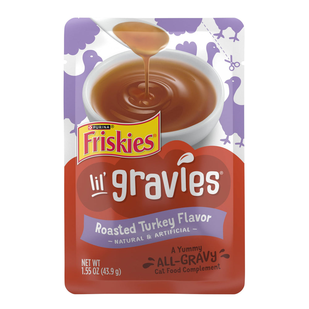 Friskies Lil' Gravies roasted turkey pouch for easy toppers on dry cat food.