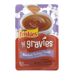 Friskies Lil' Gravies roasted turkey pouch for easy toppers on dry cat food.