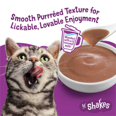 Friskies Lil' Shakes lickable treat closeup highlights mess-free, tasty indulgence.