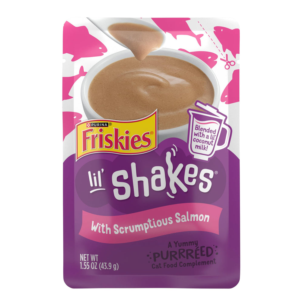Friskies Lil Shakes salmon puree topper; smooth texture for lickable cat meals.
