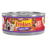 Friskies Meaty Bits with Beef in Gravy can front view with real beef chunks