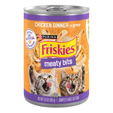 Friskies Meaty Bits Chicken Dinner in Gravy served in a bowl, satisfying multi-cat meals.