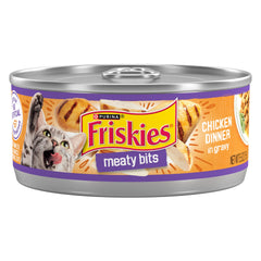 Friskies Meaty Bits Chicken Dinner in Gravy pack 24 provides convenient, complete meals for cats.