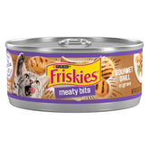 Friskies Meaty Bits Gourmet Grill cans show the product in a pantry-ready package.