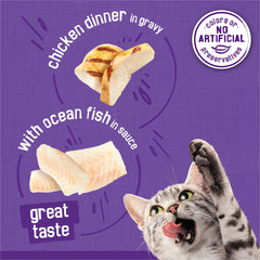 Friskies Meaty Bits Ocean Fish and Chicken Dinner in Gravy served in a bowl shows appetizing texture.