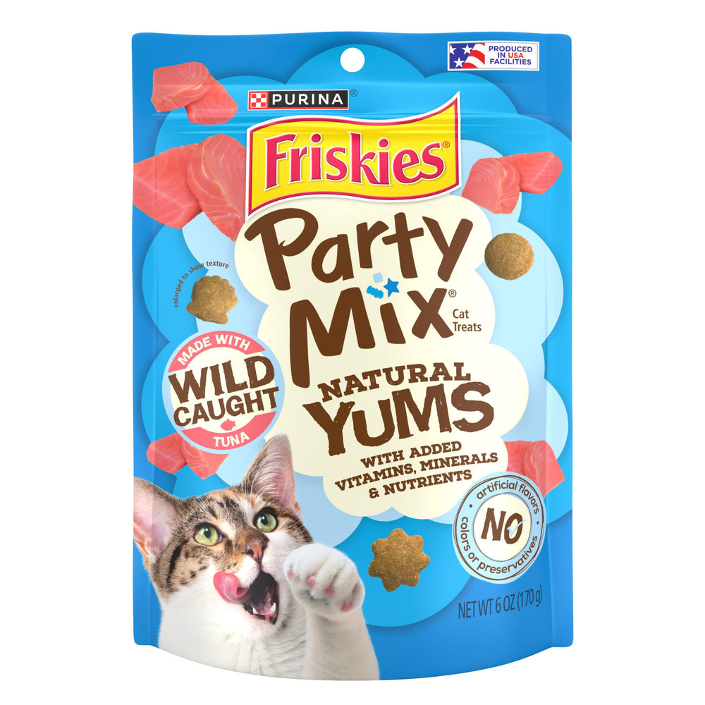 Friskies Natural Yums wild tuna pouch open, crunchy cat snack.