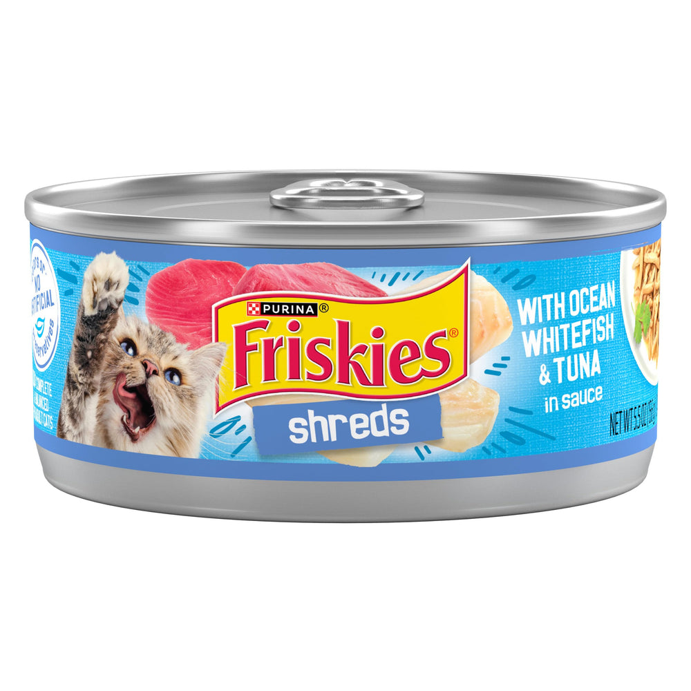 Friskies Ocean Whitefish and Tuna in Sauce can packaging close-up, showcasing real seafood for tasty meals.