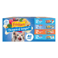 Friskies Oceans of Delight variety-pack cans showcase complete adult nutrition at a glance.