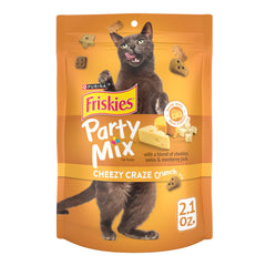 Friskies Party Mix Cheezy Craze Crunch front-pack display highlighting real cheese flavor for cats