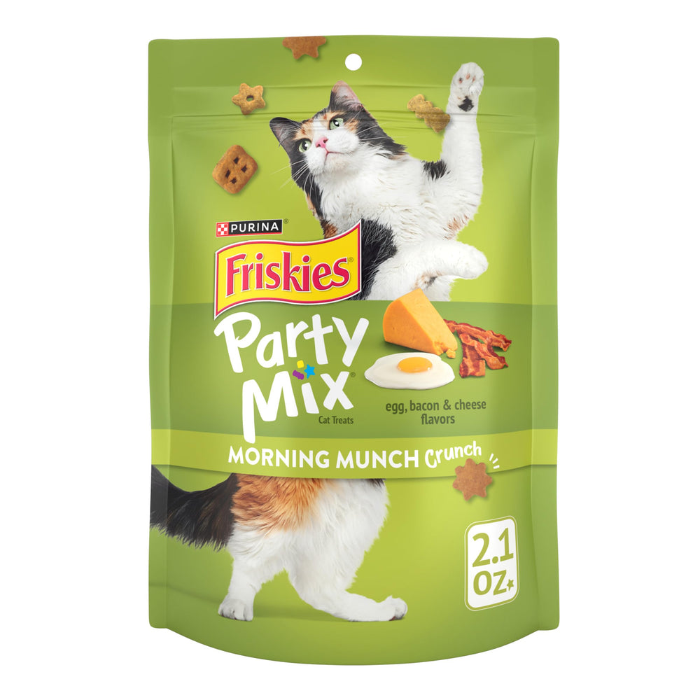 Friskies Party Mix Morning Munch pouch β resealable packaging preserves freshness for snacks.