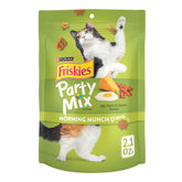 Friskies Party Mix Morning Munch pouch β resealable packaging preserves freshness for snacks.