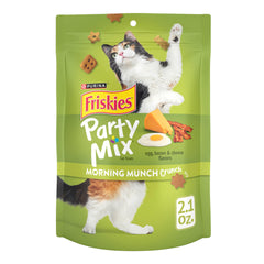 Friskies Party Mix Morning Munch pouch β resealable packaging preserves freshness for snacks.