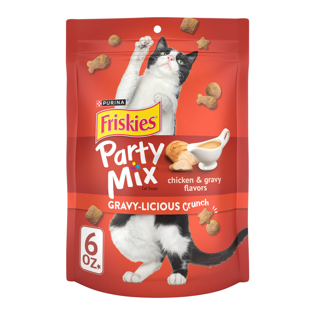 Friskies Party Mix Gravy-licious chicken bites satisfy poultry cravings.