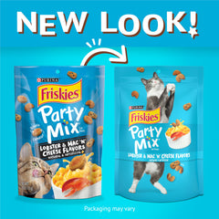 Friskies Party Mix Lobster Mac N Cheese bites showcase a crunchy exterior and soft center, rewarding to cats.