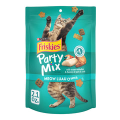 Friskies Party Mix Meow Luau Crunch pack front view, ideal daily cat treats.