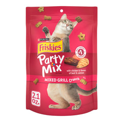 Friskies Party Mix Mixed Grill Crunch cat treats bag close-up, crunchy texture for tooth cleaning.
