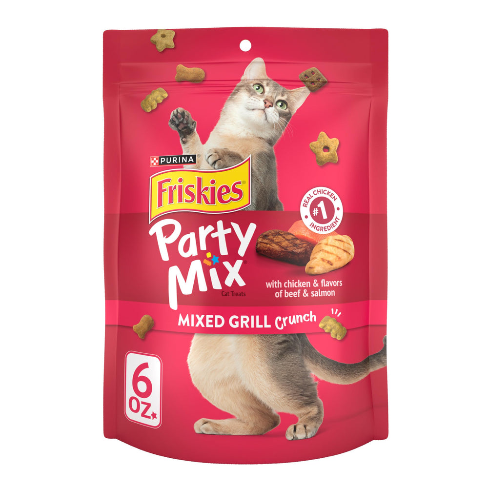 Friskies Party Mix Mixed Grill Crunch treats in six-pack pouches for quick rewards.