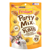 Friskies Party Mix Natural Yums with Real Chicken 6oz pouch offers a tasty protein snack.