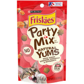 Friskies Party Mix Natural Yums with Real Salmon pack shot for a tasty between-meal treat.