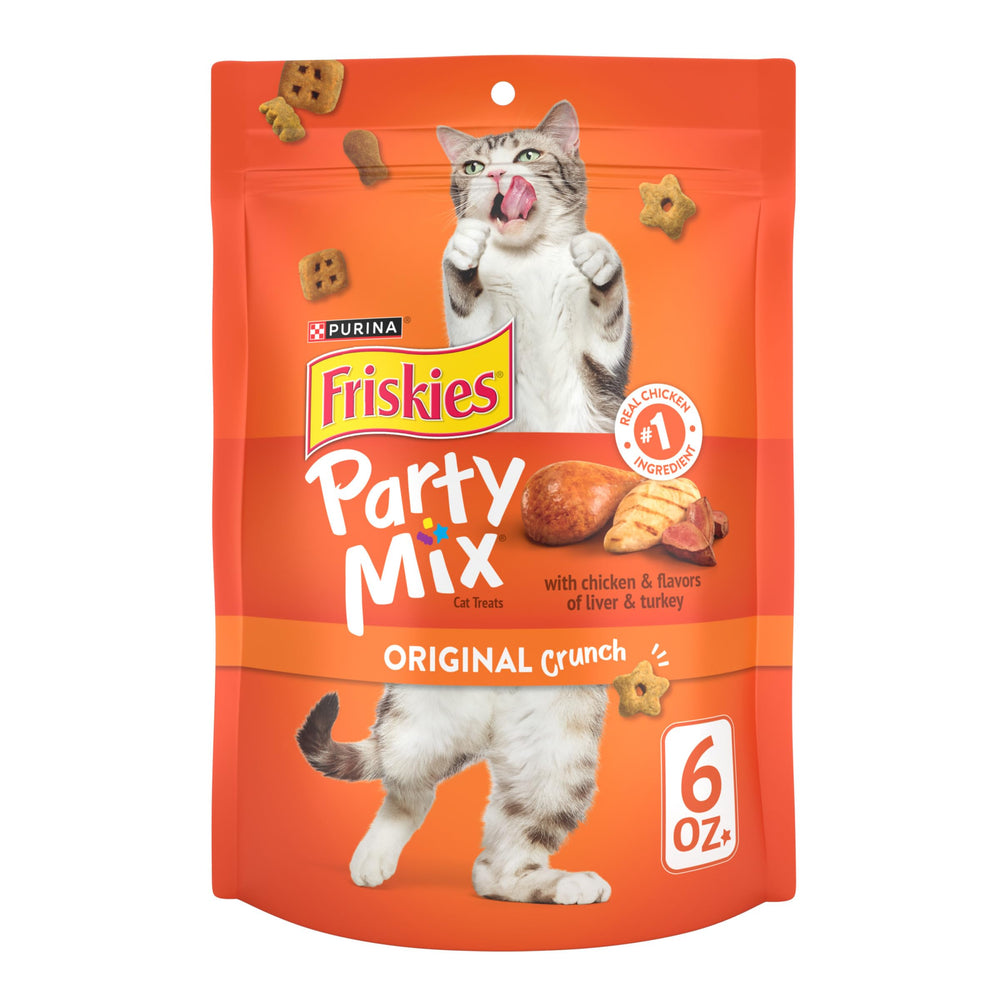 Friskies Party Mix Original Crunch pack6 front view for convenient feline snacking