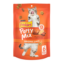 Friskies Party Mix Original Crunch pack6 front view for convenient feline snacking