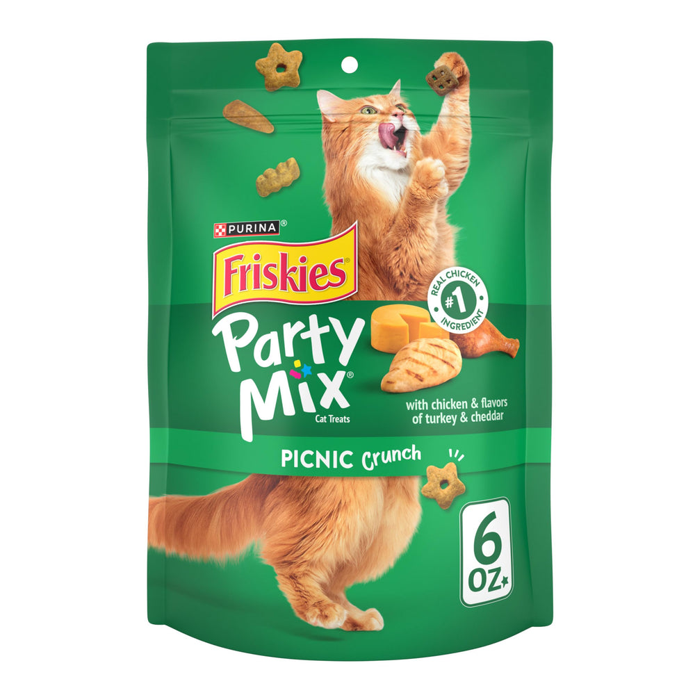 Friskies Party Mix Picnic Crunch pack 6oz with fresh, convenient resealable pouch for freshness