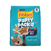 Friskies Party Packβd chicken-liver-turkey crunch kibble in bowl for flavor and texture.