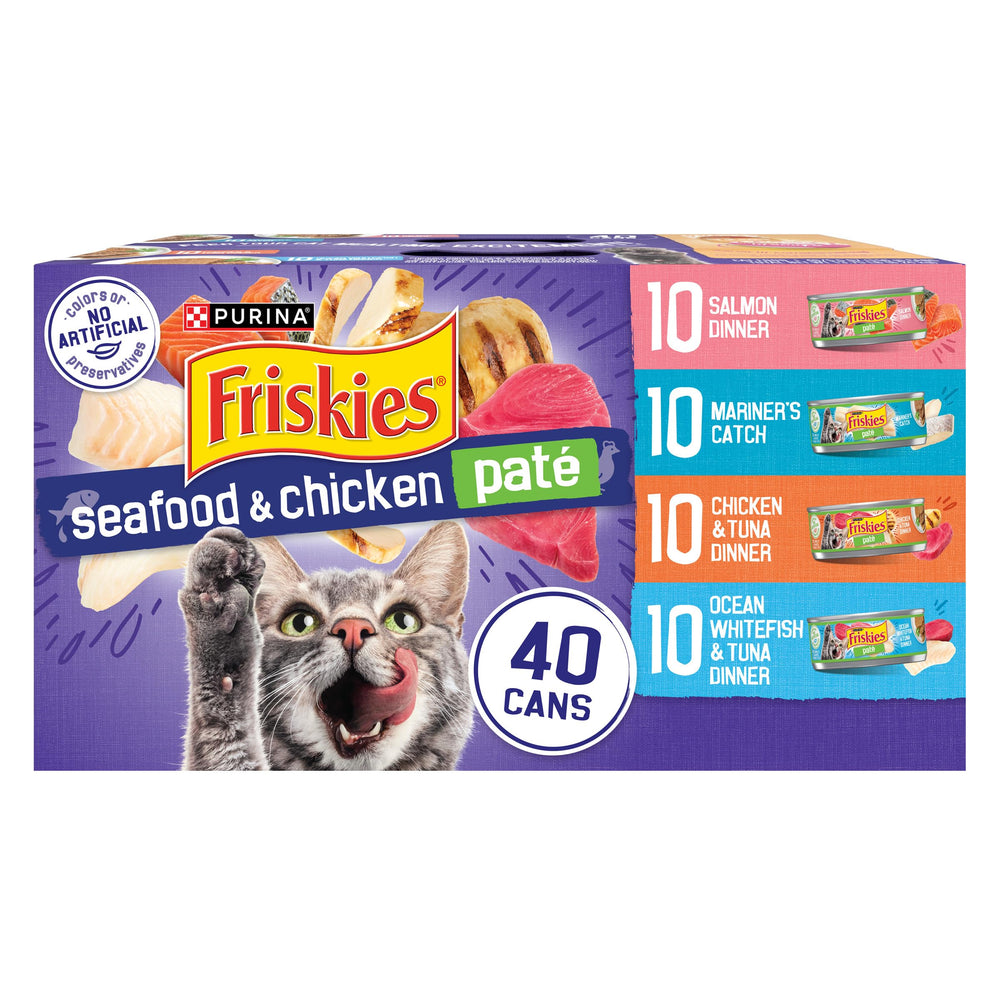 Friskies pate seafood-chicken variety pack cans on shelf.