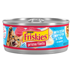 Friskies Prime Filets ocean whitefish and tuna cans, high protein for active cats.