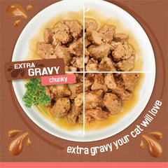 Friskies real meat chunks closeup, delivering hearty texture in every bite.